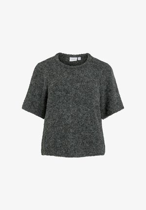 Szary sweter z krótkim rękawem wykonany z miękkiej, teksturowanej tkaniny, z okrągłym dekoltem i subtelnym detalem kieszeni na przodzie.