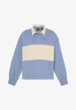 Jasnoniebieska koszulka polo z długim rękawem i kremowym poziomym paskiem. Zdobiona haftowanym logo "Timberland" oraz kontrastującym kołnierzykiem.