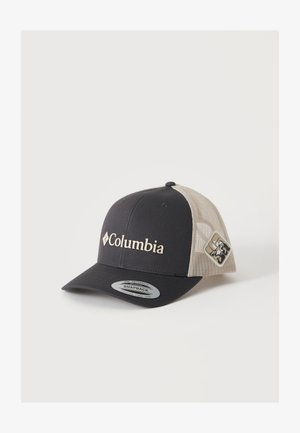 Czarna i beżowa siatkowa czapka snapback z logo Columbia z przodu i małą naszywką z boku.