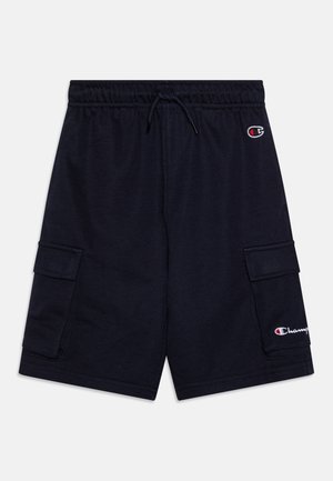 Temno modri tovorni šorti iz mehkega blaga, z elastičnim pasom, vrvico in dvema stranskima žepoma z majhno oznako logotipa.