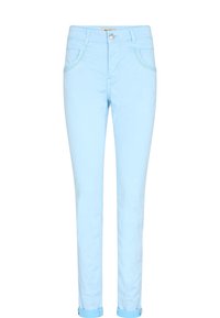 Ljusblå, slim-fit jeans i bomullsblandning. Har fem fickor, knappstängning och uppvikta benslut.