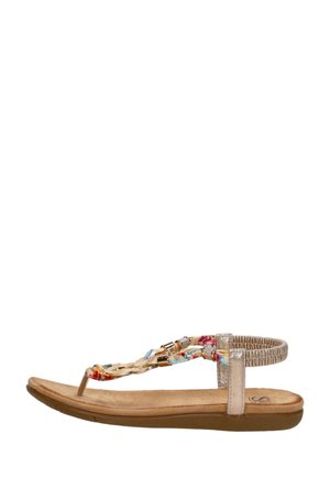 Platte sandaal met bruine zool, bandjes van bloemmotief stof, gouden kettingversiering en elastische metallic enkelband.