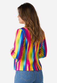 Colorful striped jacket featuring vibrant pink, yellow, green, and blue vertical lines; lightweight fabric with a tailored fit and back vent.