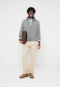 Gray zip-up sweater over a blue plaid shirt, beige trousers, and brown shoes; holding a brown leather satchel. Plain white background.