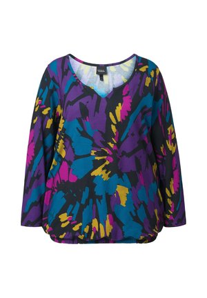Top a maniche lunghe multicolore con base nera e vivaci motivi astratti in viola, blu, giallo e rosa; scollatura curva e orlo arricciato.