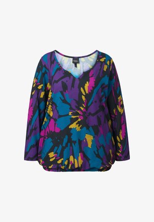 Top a maniche lunghe multicolore con base nera e vivaci motivi astratti in viola, blu, giallo e rosa; scollatura curva e orlo arricciato.