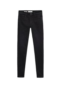 Jeans skinny de mezclilla negra con una textura suave, diseño de cinco bolsillos y cierre de cremallera. Presentan detalles de costura sutil a lo largo de las costuras.