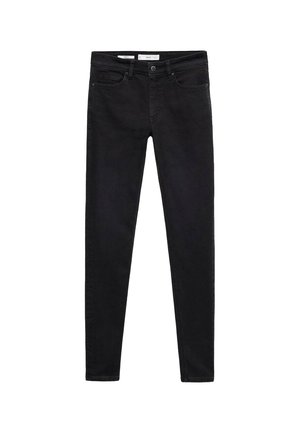 Svarta denim skinny jeans med en slät textur, femficksdesign och dragkedja. Har subtila sömnadsdetaljer längs sömmarna.