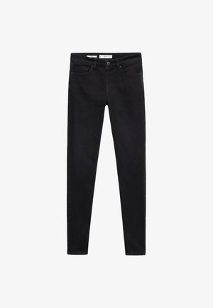 Schwarze, dehnbare Skinny-Jeans aus Denim mit glatter Textur, Fünf-Taschen-Design und Reißverschluss. Verfügt über dezente Steppnähte entlang der Nähte.