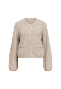 Beige verkürzter Cardigan aus weichem, strukturiertem Stoff. Hat einen runden Halsausschnitt, lange Ärmel und fünf goldene Knöpfe auf der Vorderseite.