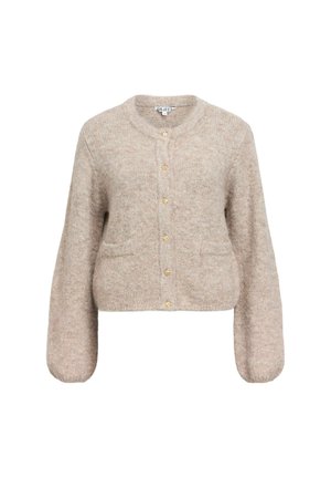 Cardigan cropped beige en tissu doux et texturé. Il présente un col rond, des manches longues et cinq boutons dorés sur le devant.