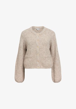 Beige cropped cardigan made of soft, textured fabric. Features a round neckline, long sleeves, and five gold buttons on the front.