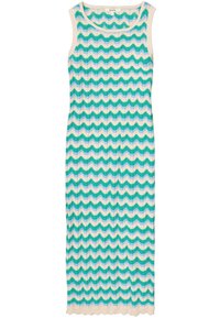Strickkleid mit ärmellosem Design, das ein Zickzackmuster in den Farben Teal, Blau und Creme aufweist. Strukturierter Stoff mit gewelltem Saum.