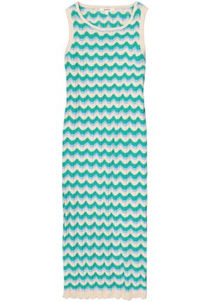 Gebreid jurkje met een mouwloos ontwerp, voorzien van een zigzagpatroon in tinten teal, blauw en crème. Textiel met textuur en een golvende zoom.