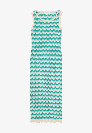 Strickkleid mit ärmellosem Design, das ein Zickzackmuster in den Farben Teal, Blau und Creme aufweist. Strukturierter Stoff mit gewelltem Saum.