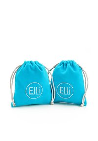 Deux petites pochettes bleues à cordon avec des cordons blancs et des logos blancs « Elli by Julie & Grace » sur fond blanc.
