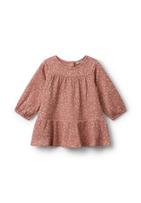 Růžová dlouhá šaty s dlouhým rukávem, s volánkovým lemem, texturovaná tkanina, s tečkovaným vzorem, kulatým výstřihem a zapínáním na knoflíky na zadní straně.