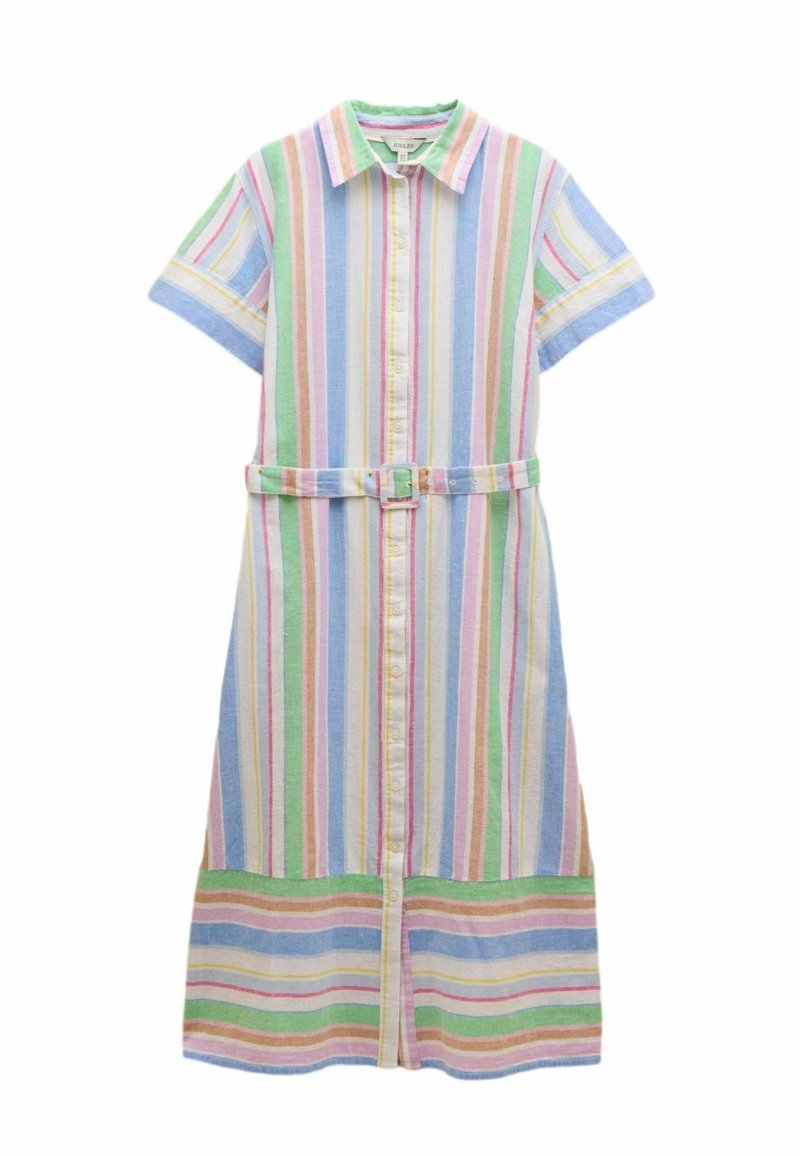 Mehrfarbiges gestreiftes Kleid mit kurzen Ärmeln, Knopfverschluss und einem passenden Gürtel. Zeigt pastellfarbene vertikale Streifen auf einem leichten Stoff.