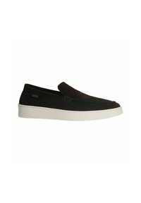 Black suede slip-on shoes with a rounded toe, contrasting white rubber sole, minimal stitching, and a small branding tag on the side.
