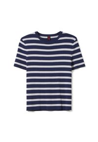 T-shirt a maniche corte a righe blu navy e bianche realizzato in morbido cotone, con scollo a girocollo e una vestibilità rilassata, caratterizzato da righe orizzontali.