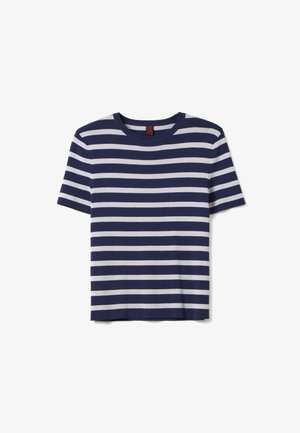 T-shirt a maniche corte a righe blu navy e bianche realizzato in morbido cotone, con scollo a girocollo e una vestibilità rilassata, caratterizzato da righe orizzontali.