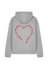 Felpa grigia con cappuccio, con un design circolare di testo rosso sul retro, che presenta una forma a cuore e un messaggio positivo. Tessuto morbido, stile casual.