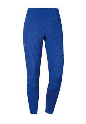 Blauwe sportleggings met textuurpanelen, gladde delen en een hoge tailleband. Beschikt over zakken aan de zijkanten voor opslag.