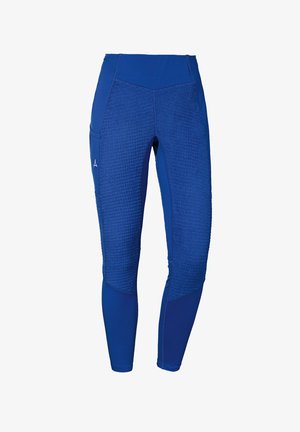 Leggings de sport bleus avec des panneaux texturés, des sections lisses et une taille haute. Présente des poches sur les côtés pour le rangement.