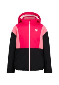 Giacca colorata con un design a blocchi di colore rosa e nero. Caratterizzata da cappuccio, chiusura con zip e un logo sul petto. Texture liscia.