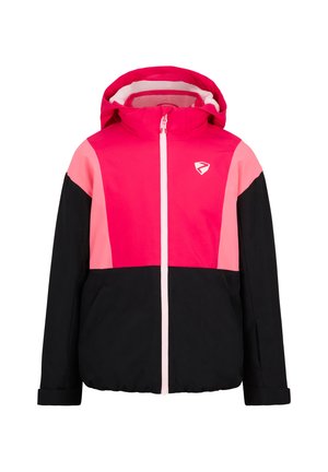 Bunte Jacke mit einem rosa und schwarzen Farbblockdesign. Verfügt über eine Kapuze, einen Reißverschluss und ein Logo auf der Brust. Glatte Textur.
