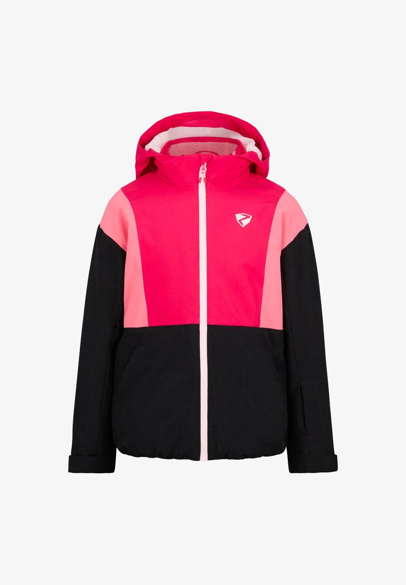 Giacca colorata con un design a blocchi di colore rosa e nero. Caratterizzata da cappuccio, chiusura con zip e un logo sul petto. Texture liscia.