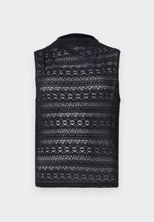 Fekete csipke mellény, textúrált mintával és virágmintákkal, ujjatlan kivitelben és magas nyakkivágással, könnyű anyagból készült.