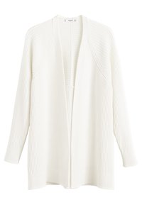 Cardigan blanc côtelé avec un devant ouvert, des manches longues et un motif de tricot texturé. Le tissu semble doux et léger.