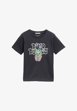 Dunkelblaues Baumwoll-T-Shirt mit einem bunten Dinosaurier-Graphic, der Sonnenbrille und Kopfhörern trägt, verziert mit Pailletten und kurzen Ärmeln.