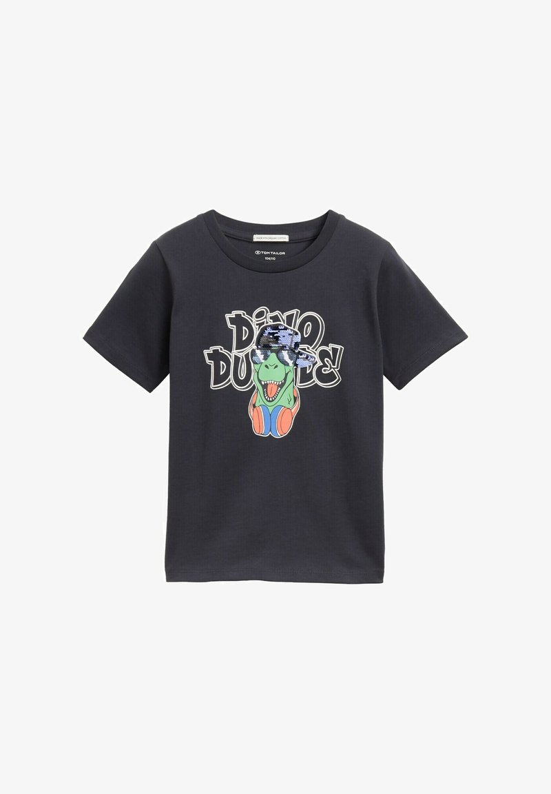 Tume sinine puuvillane T-särk, millel on värviline dinoosauri graafika prillide ja kõrvaklappidega, kaunistatud sädelustega ja lühikeste varrukatega.