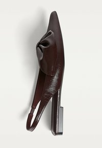 Dark brown pointed slingback flat shoe with a large folded bow on top and a low heel against a white background.