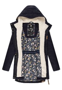 Navy jacket with a soft, cream fleece lining. Interior features a floral pattern in dark blue, pink, and yellow. Includes a hood and zipper.