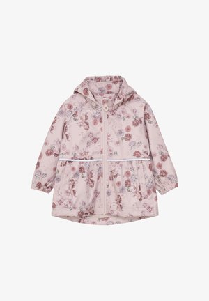 Lichtroze waterdichte jas met bloemenpatroon, elastische manchetten, capuchon en een ritssluiting aan de voorkant. Bevat een trekkoord in de taille en opgestikte zakken.