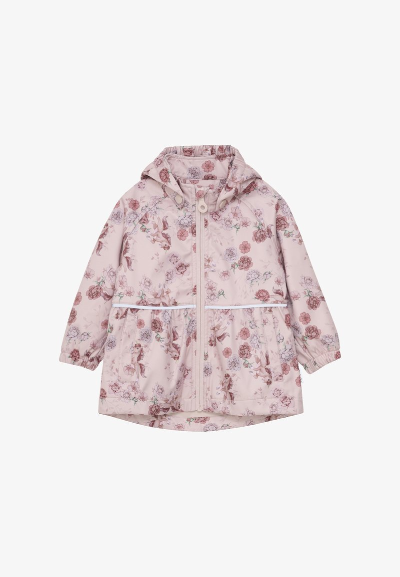 Leichte rosa wasserdichte Jacke mit floralem Muster, elastischen Bündchen, Kapuze und einem Frontreißverschluss. Sie verfügt über eine Schnürung in der Taille und aufgesetzte Taschen.