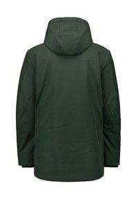 Groene hoodiejack met een gladde textuur en strak ontwerp, voorzien van een hoge kraag en subtiele naden, geschikt voor casual wear.