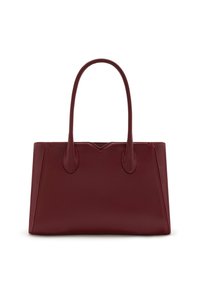 Dieprode leren tote bag met een zachte textuur, dubbele handvatten en een gestructureerde rechthoekige vorm. Heeft afgeronde hoeken en een subtiele v-vormige detail.