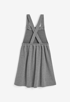 Grå ärmlös klänning med korskorsade axelband, rynkad midja och flödande kjol. Tillverkad av mjukt, lätt tyg med en slät yta.
