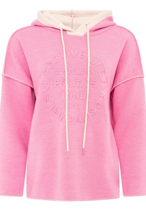 Rosa Kapuzenpullover mit cremefarbenen Kordeln und einer cremefarben gefütterten Kapuze, mit geprägtem Text: "Positive Life, Good Energy, Positive Mind Club."