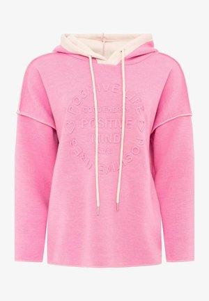 Pink hoodie with cream drawstrings and a cream-lined hood, featuring embossed text: "Positive Life, Good Energy, Positive Mind Club."
