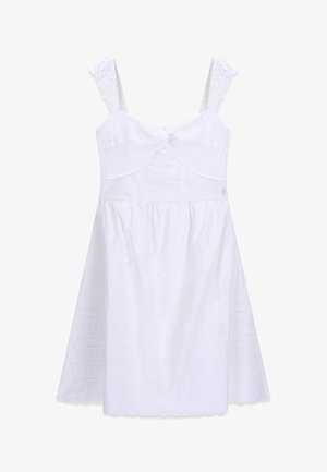 Vestito bianco senza maniche con spalline testurizzate, corpetto aderente con sottile dettaglio a nodo e gonna svasata con motivi floreali in rilievo.