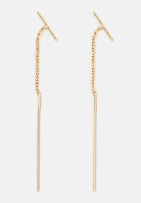 Orecchini color oro con design a catena e un lungo e sottile perno. Accentuati da una barra orizzontale nella parte superiore. Stile minimalista.