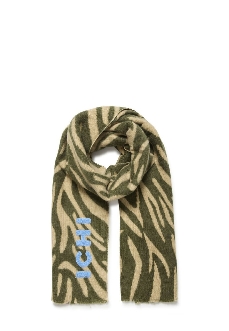 Sciarpa a righe verde e beige realizzata in materiale morbido; presenta la scritta "ICHI" ricamata in blu; le estremità sono frangiate per un tocco di texture in più.