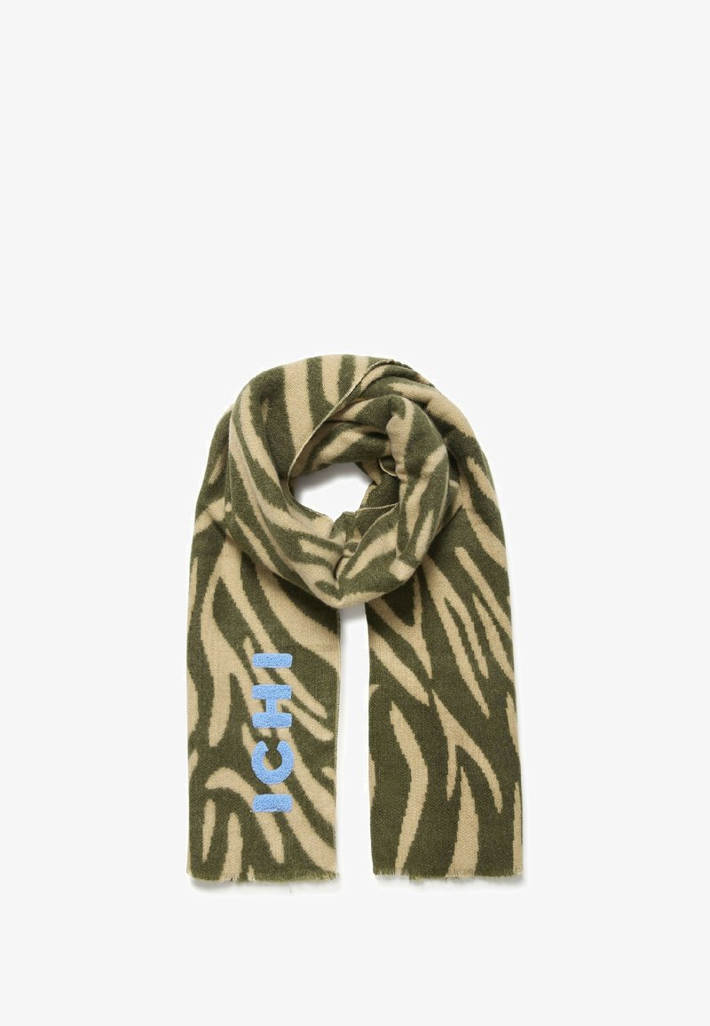 Sciarpa a righe verde e beige realizzata in materiale morbido; presenta la scritta "ICHI" ricamata in blu; le estremità sono frangiate per un tocco di texture in più.