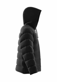 Crna kapućona puffer jakna s kvadratnim dijelovima, koja ima kapuljaču s vezicom i glatku tkaninu. Bočni pogled naglašava njen oblik.