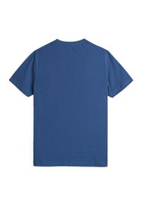 T-shirt in cotone blu con maniche corte, colletto tondo e texture uniforme. La vista posteriore mostra una superficie liscia e omogenea, priva di grafiche.